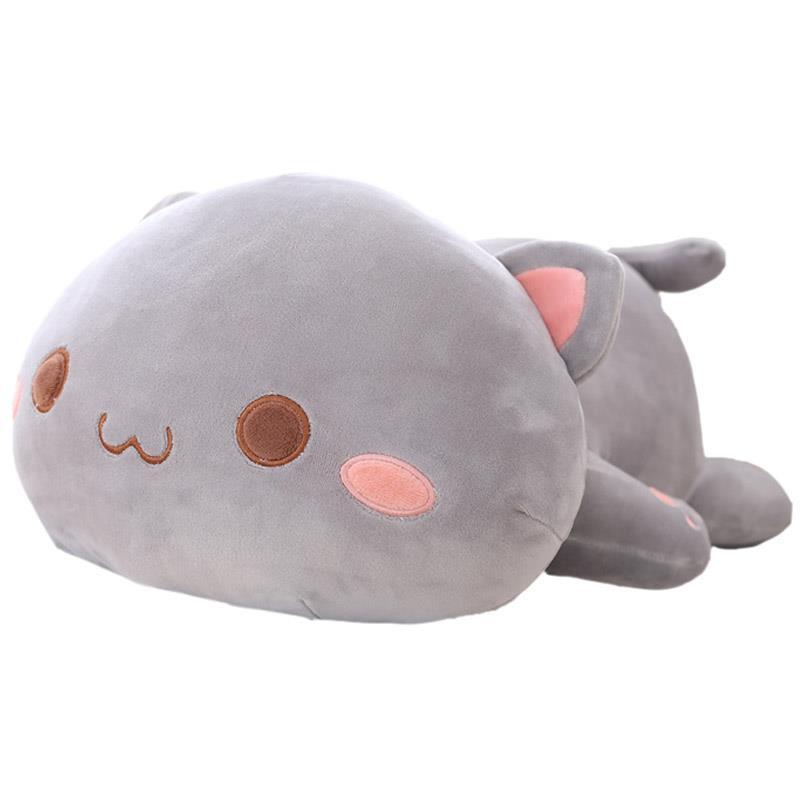 Gray plush toy with a cute face on a white background