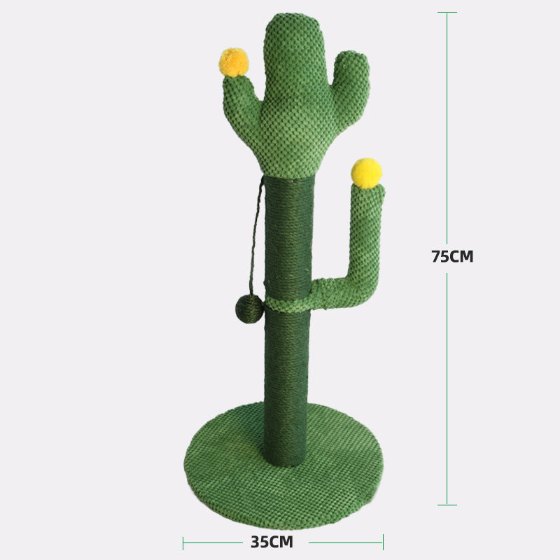 Green cactus-shaped cat tree with spherical platforms on a white background