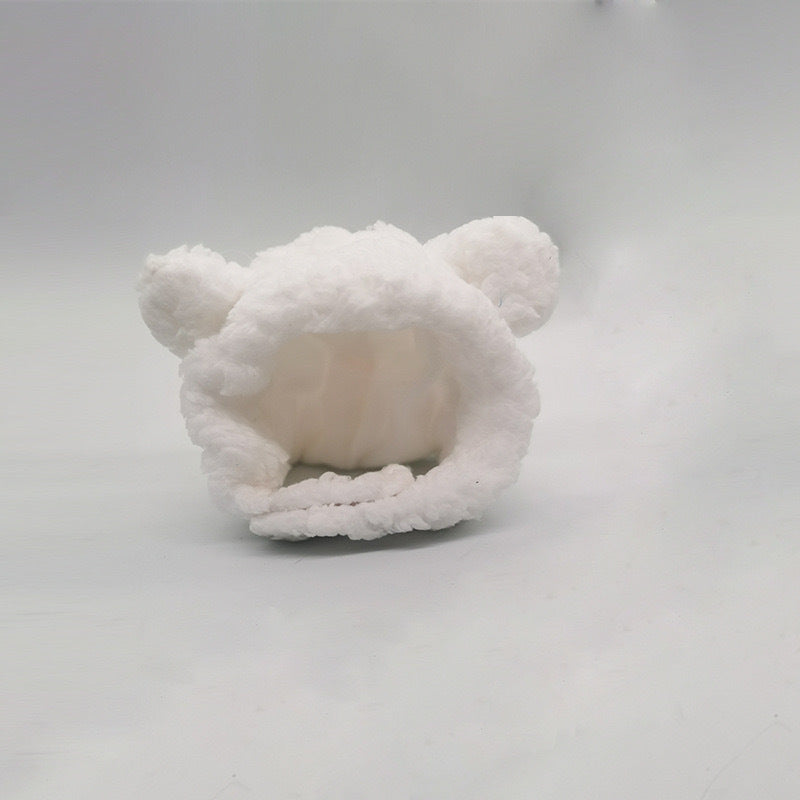 White plush hat with bear ears for cats