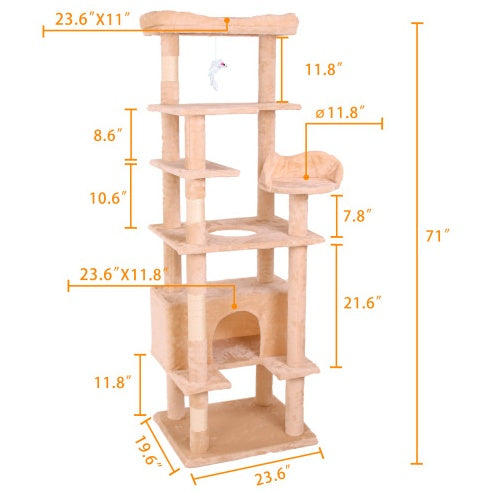 Dimensions of a wooden cat tree with measurements labeled - Neferpaws