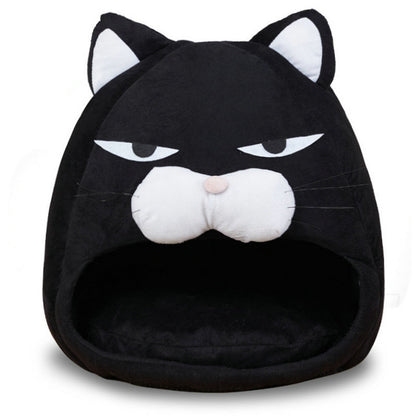 Black cat-shaped pet bed with white accents on a white background