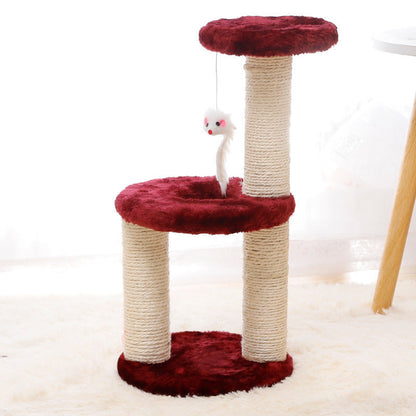 Cat tree with red platforms and sisal-covered posts on a white background