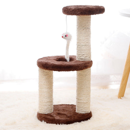 Cat tree with a plush top and sisal-covered posts on a white background