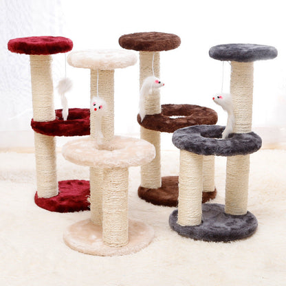 Set of cat trees with different colored platforms on a white background