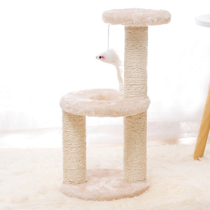 Cat tree with sisal-covered posts and a cushioned platform on a white background