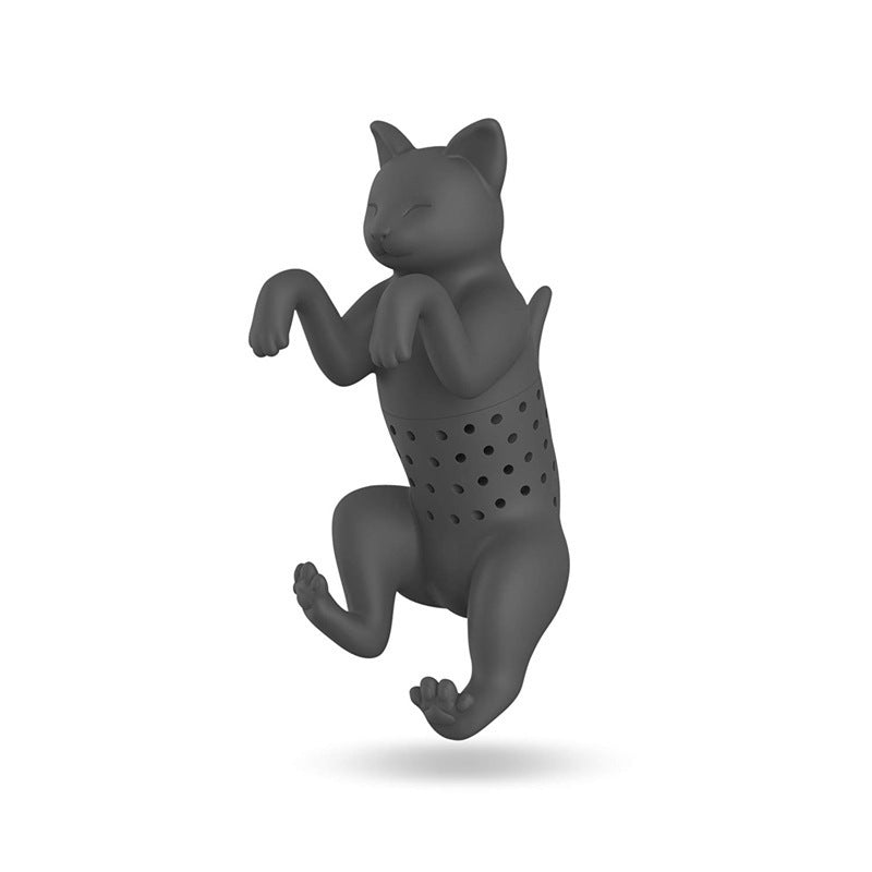 Gray cat-shaped tea infuser on a white background