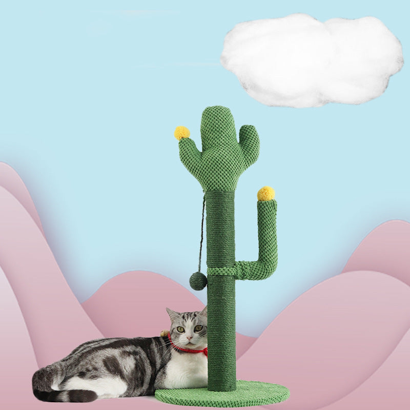 Cactus-shaped cat tree with a cat sitting on a pink couch against a light blue background