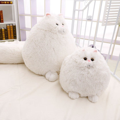 Two fluffy white cat-shaped plush toys on a light surface with - Neferpaws