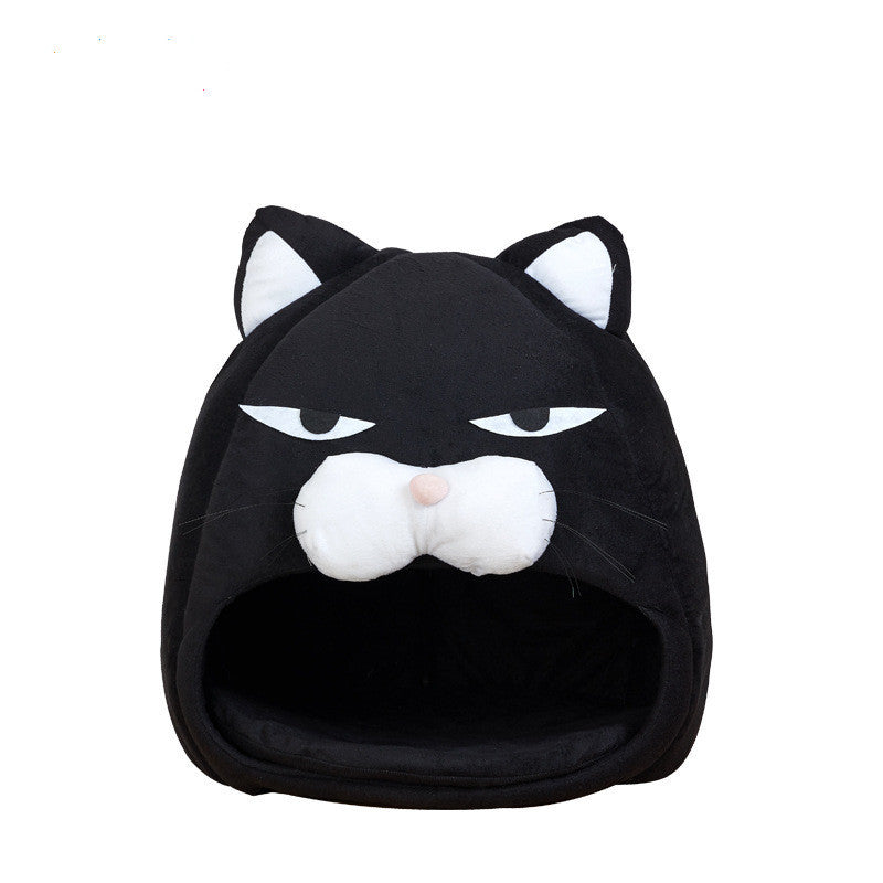 Black cat-shaped pet bed with white accent