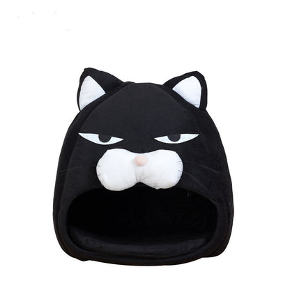 Black cat-shaped pet bed with white accent