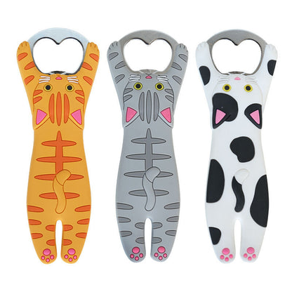Three bottle openers shaped like cats in orange, gray, and white with black - Neferpaws