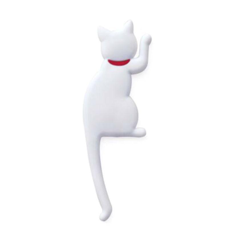 White cat-shaped phone stand with a red collar on a white background