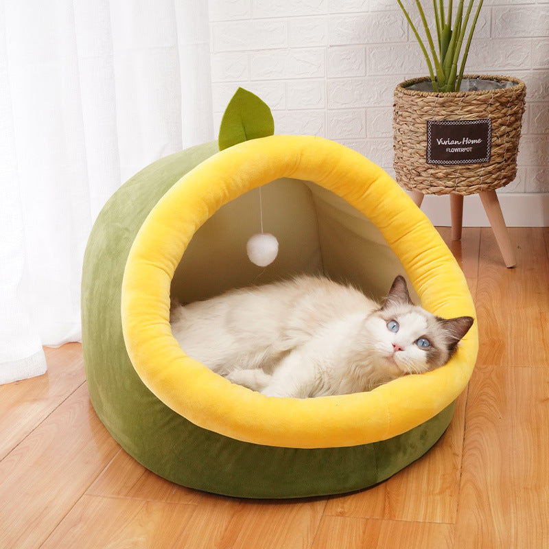 Cat lying in a green and yellow pet bed resembling a pineapple on a wooden floor - Neferpaws