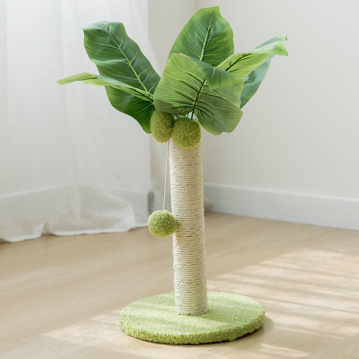Cat palmtree with green leaves and spherical platforms on a light wooden floor - Nefepaws