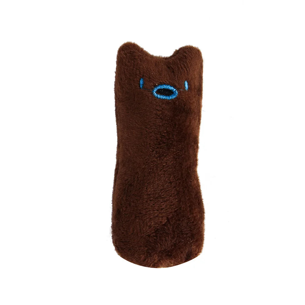 Brown cat plush toy with blue eyes on a white background