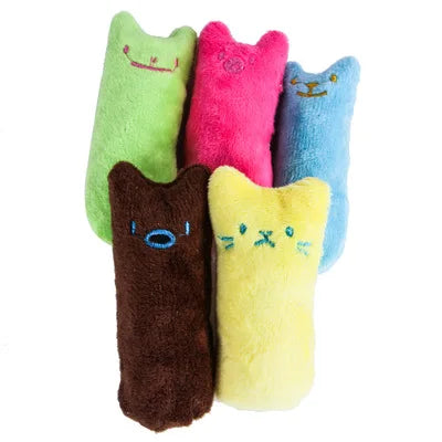 Five colorful plush toys shaped like cats on a white background