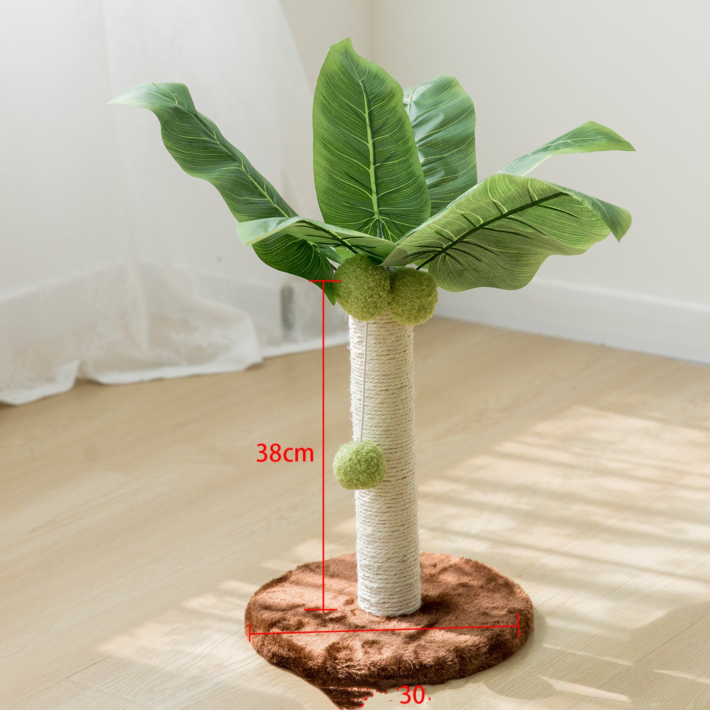 Cat tree with green leaves and a measurement label on a light wooden floor 38cm - Neferpaws