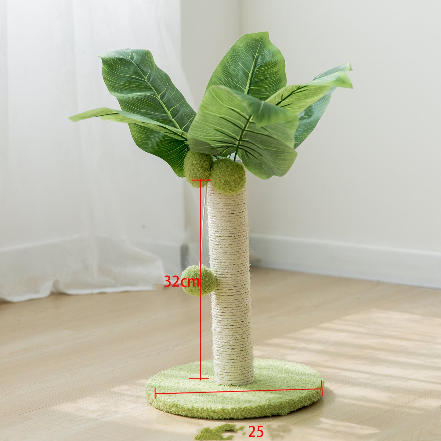 Cat tree with green leaves and scratching post on a light wooden floor - Neferpaws