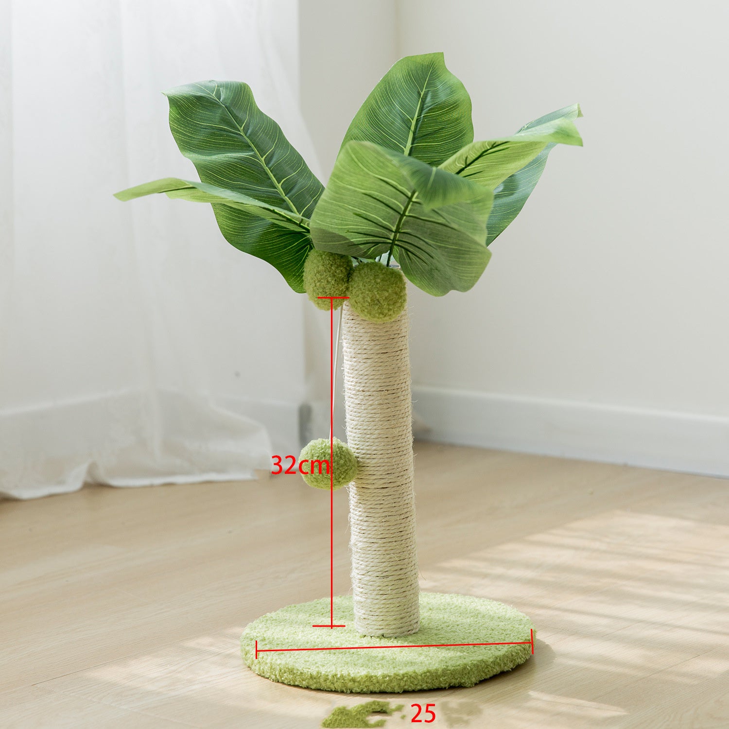 Cat tree with green leaves and scratching post on a light wooden floor - Neferpaws