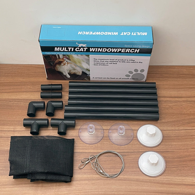 Multi-cat window perch kit with components on a wooden surface